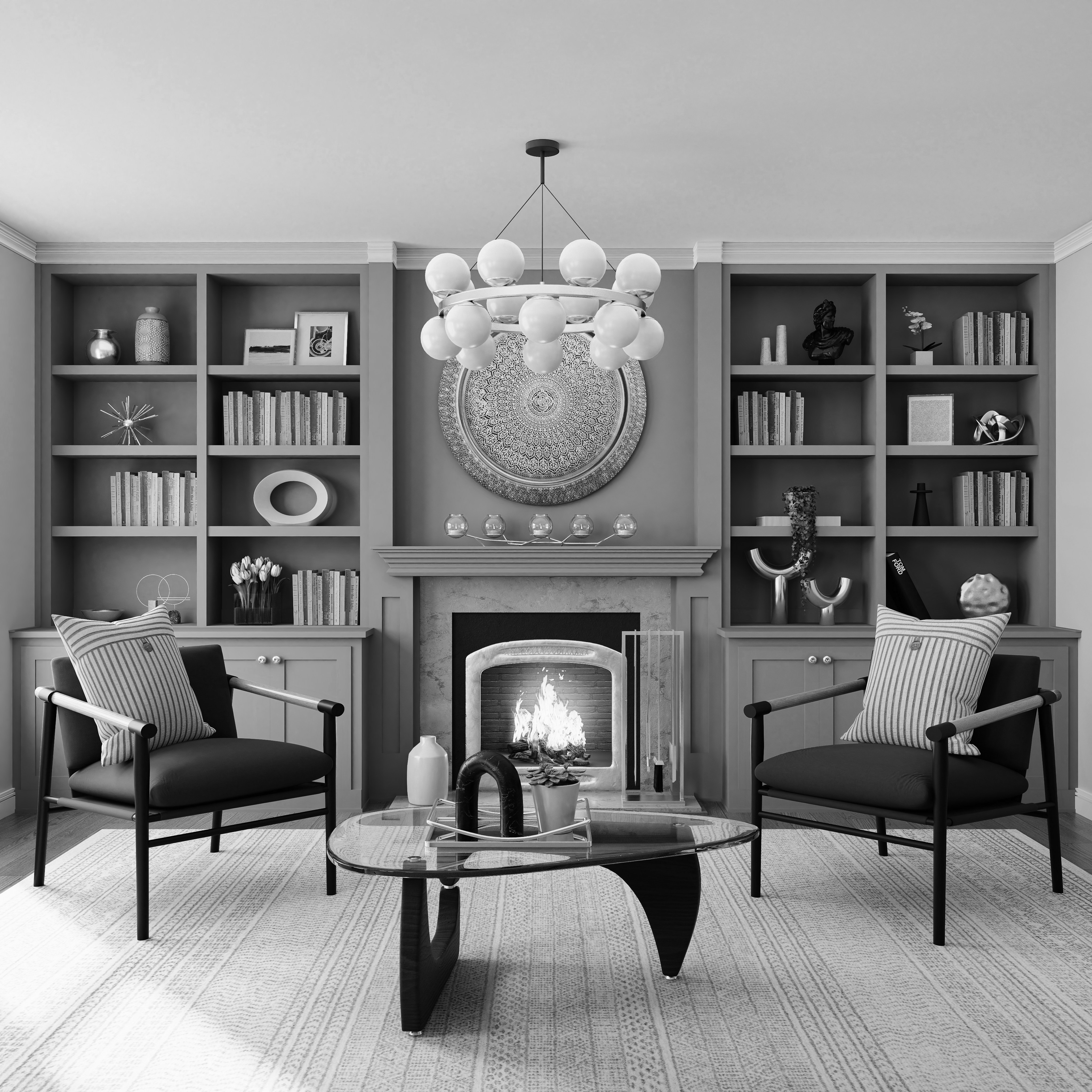 A luxurious and warm living room interior with a fireplace, comfortable chairs, and bookshelves, in black and white.