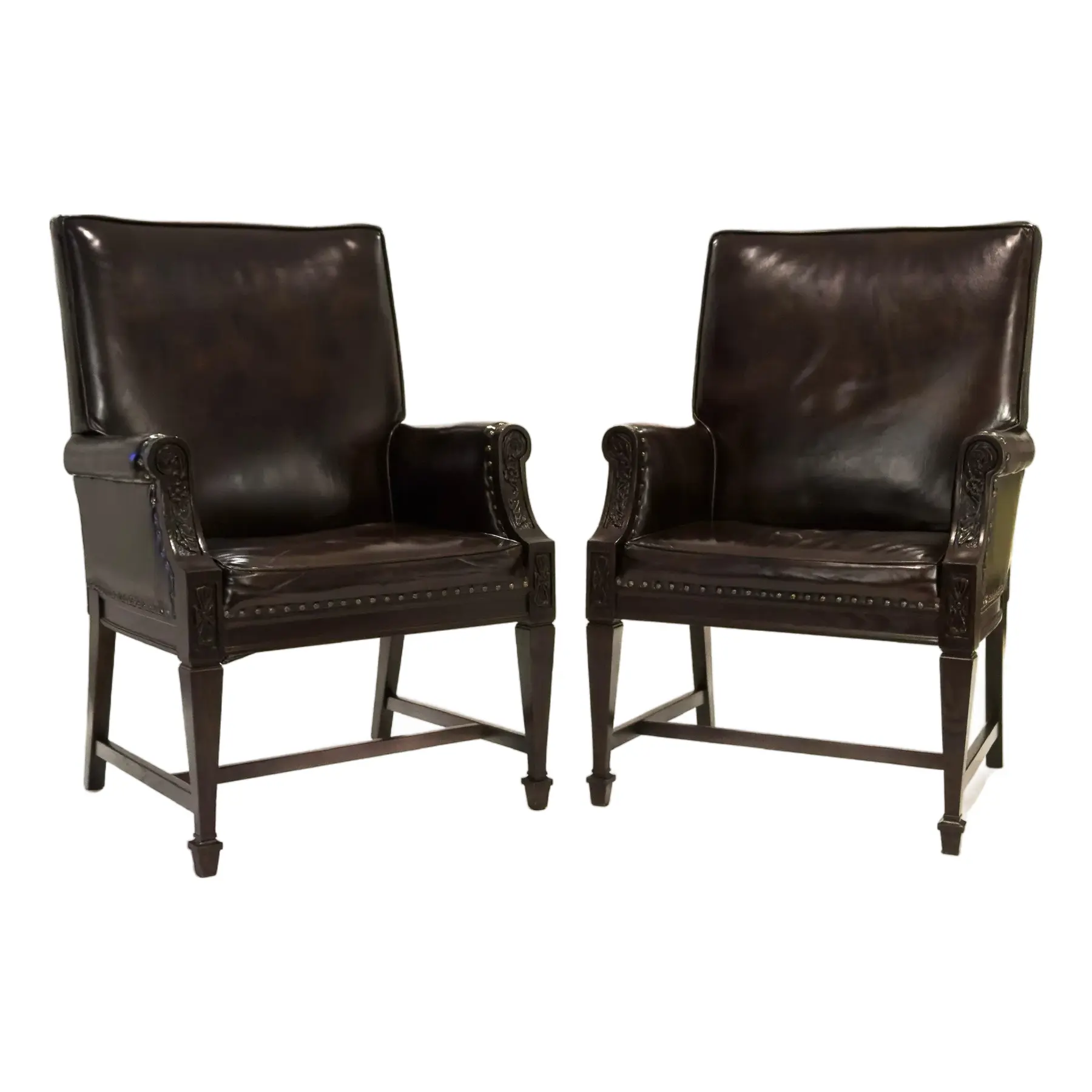 Pair, Leather Library Armchairs with Hand-Carved Details